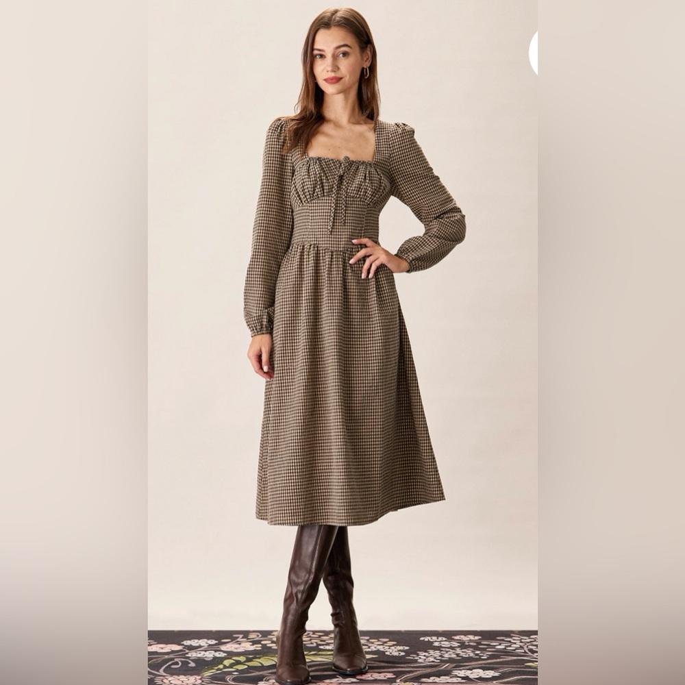 Rihoas Small Elegant Brown Plaid Checkered Dress
